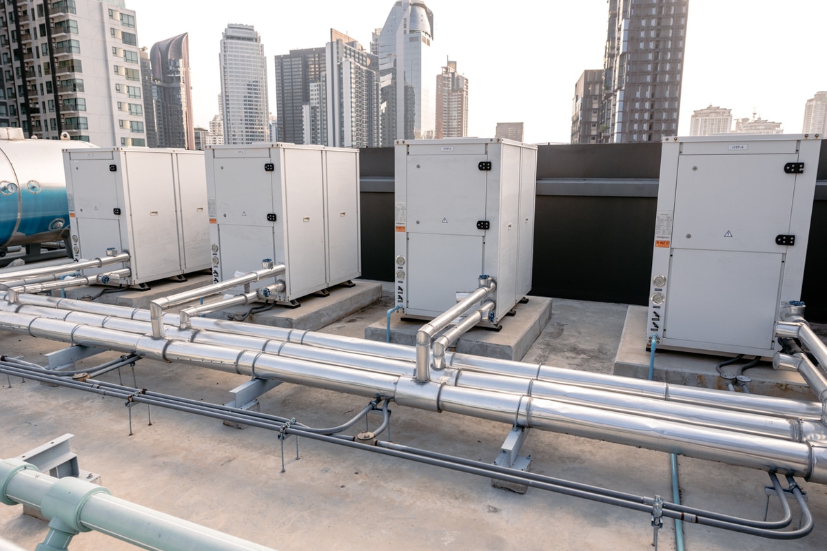 Commercial rooftop HVAC air-to-water heat pump compressor units
